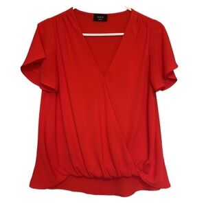 Vici orange red flutter sleeve faux wrap button blouse size S. EUC